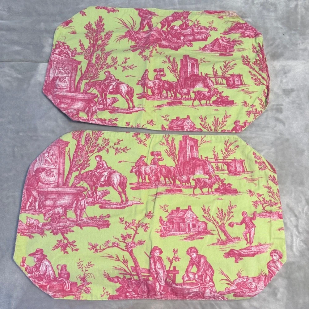 Williams Sonoma Toile Placemats & Napkins Set 8 Pc Green Pink Cotton Table Linen